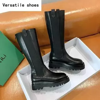 Платформа Женские рыцарские длинные сапоги Модные теплые меховые туфли Осень Зима Квадратный каблук Женские сапоги до колена 35