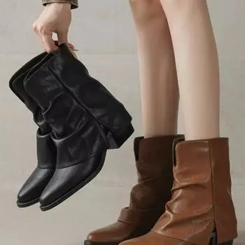 Платформа Женские сапоги в стиле вестерн ковбойские сапоги Модные короткие сапоги без застежек Новые осенне-зимние женские туфли на толстом каблуке botas de mujer 35