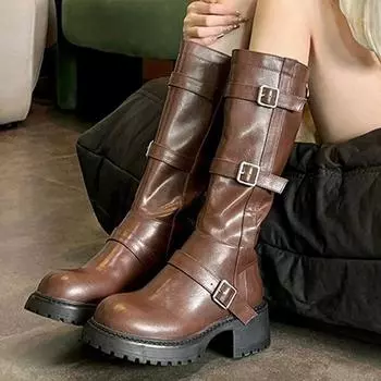 Платформа Женские Высокие Сапоги Дизайнер Ретро Средний Каблук Мотоциклетные Сапоги Зимние Массивные Туфли Тренд Гладиатор Chaussures Femme 35