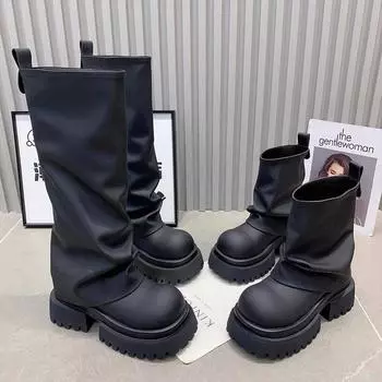 Платформа Женские Высокие Сапоги Дизайнерские Мотоциклетные Сапоги На Среднем Каблуке Модные Кожаные Зимние Туфли 2024 Тренд Гладиатор Женские Шоссуры 35