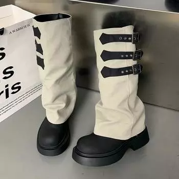 Платформа Женские Высокие Сапоги Плоские Туфли До Колена Дизайнерская Обувь Женские Тенденции 2024 Модные Зимние Сапоги Новые Готические Челси Женские Сапатос 35 чёрный