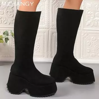 Платформа Женские замшевые сапоги Высокие каблуки Ботинки до колена Женские трендовые зимние туфли-лодочки 2025 года Зимние сапоги Mujer Botas 35 чёрный