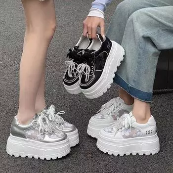 Платформенные белые женские летние новые дышащие сетчатые кружевные туфли с жемчужным цветком, универсальные повседневные туфли на платформе, увеличивающие рост 35 чёрный