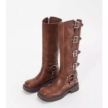 Платформенные рыцарские сапоги женские новые летне-осенние, до колена, коричневые, в стиле вестерн, ковбойские, западные, сычуаньские, высокие, длинные сапоги 35