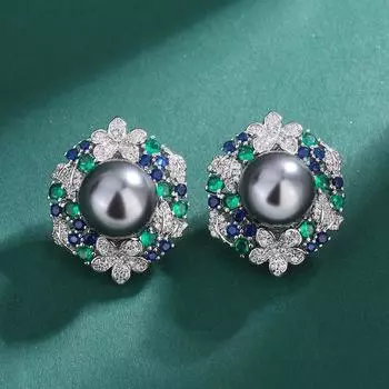 Платиновое серое жемчужное кольцо, серые бусины из ракушек глубокого морского цвета Таити, изумрудное ожерелье с цветком из циркона, серьги-гвоздики с жемчугом