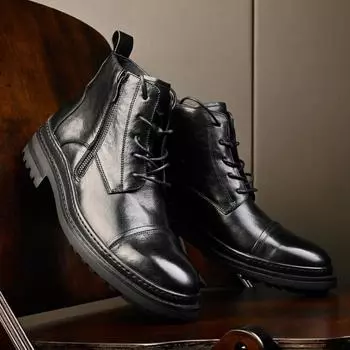 Платиновые ботинки Wei Martin, кожаные мужские ботинки среднего размера, с толстой подошвой и круглой головкой, с боковой молнией, кожаные мужские ботинки 38 чёрный