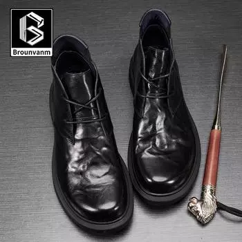 Платиновые мужские ботинки Wei Martin на мягкой подошве средней высоты, модные ботинки на шнуровке, деловые повседневные синие кожаные ботинки 38 коричневый
