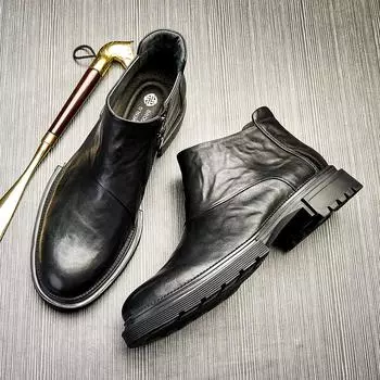 Платиновые сапоги Wei мужские кожаные ботинки в британском стиле средней высоты кожаные туфли с круглым носком на боковой молнии модные короткие ботинки Chelsea Tide 38 чёрный