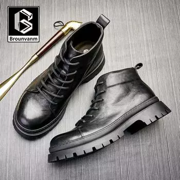 Платиновые кожаные ботинки Wei, мужские ботинки из коровьей кожи с мягкой подошвой, британские рабочие ботинки, круглые ботинки Martin со средней завязкой 38 чёрный