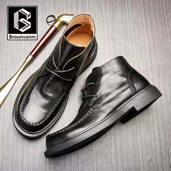 Платиновая Wei Washed Horse Leather Handmade Мужская обувь Высокие британские ретро-ботинки Martin средней высоты Мужские короткие ботинки из натуральной кожи с тиснением 38 чёрный