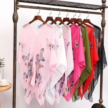 Платки Лето Пляж Сексуальные Женщины Мода Печать Шифон Блуза Бикини Прикрытие Свободная Блузка Солнцезащитный Удобный Пончо Горячая one size