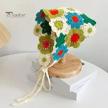 Платок для девочек во французском стиле в стиле ретро, вязанный крючком, вязаная повязка для волос с цветочным узором, трикотажная ткань, регулируемая повязка на голову C