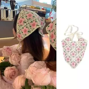 Платок для девочек во французском стиле в стиле ретро, вязанный крючком, вязаная повязка для волос с цветочным узором, трикотажная ткань, регулируемая повязка на голову F