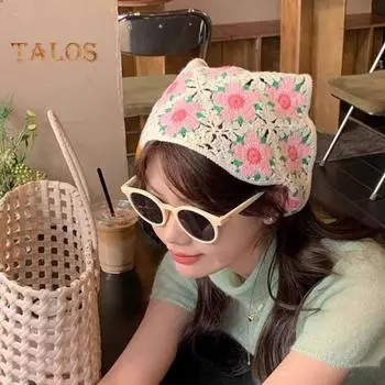 Платок для девочек во французском стиле в стиле ретро, вязанный крючком, вязаная повязка для волос с цветочным узором, трикотажная ткань, регулируемая повязка на голову C