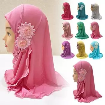 Платок из ледяного шелка для девочек в возрасте от 2 до 7 лет, церковный головной убор, шарф, мусульманские милые шейные платки, исламские J5V8 Blue-1pcs