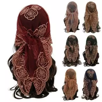 Платок на голову квадратный шарф с кружевной вышивкой розовые элементы мягкая ткань кружево головной платок одежда красный