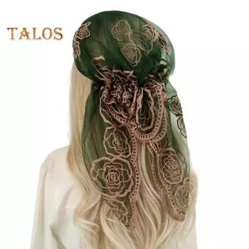 Платок на голову квадратный шарф с кружевной вышивкой розовые элементы мягкая ткань кружево головной убор акцент одежды коричневый