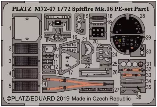 Platts Spitfire parts part 1 instrument 1/72 Mk.XVI фототравление (ремень безопасности, панель и т. д.)