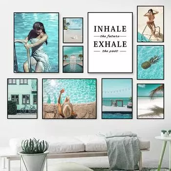 Плавательный бассейн для девочек, настенное искусство, украшение для гостиной, современное здание, пейзаж, холст, картина, ананас, морской пейзаж, плакат и принты FJ001 21x30cm no frame