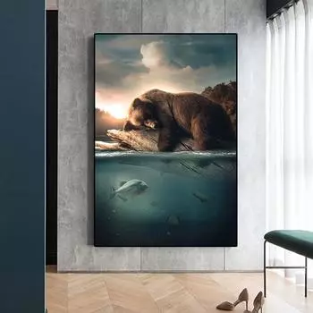 Плавающие медведи, современные постеры с животными и принты, настенная живопись на холсте, рыба, море, картина на стену гостиной 21cm30cm NoFrame