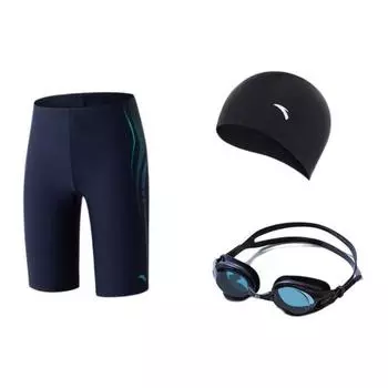 Плавки Anta Color Block со средней талией и прямыми штанинами, шапочка для плавания, очки для плавания, универсальный комплект из трех предметов для плавания, черный цвет 1824532404-1 M