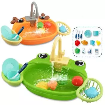 Play House Cartoon Simulation Kitchen Dishwashing Table Electric Faucet Cycle Out Water Parent-child Interaction Children s Toys