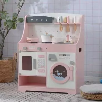 Play House Деревянная кухонная утварь Обучающая мойка Плита Мини Игрушка Подарочная коробка Включена Кухня, Кухня, Включена, Приправы, Ингредиенты, Игрушки, Машина, розовый