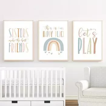 Play Sisters Friends Quotes Cartoon Rainbow Posters Prints Canvas Painting Nordic Wall Art Pictures Kids Room Home Decor 21X30cm No Frame
