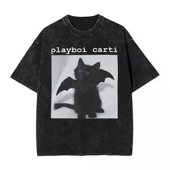Playboi Carti Cat Pop Выстиранные футболки Уличная одежда Винтажная футболка Футболки для мужчин женщин с коротким рукавом Оверсайз Графический S