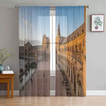 Plaza In The Maria Luisa Park In Seville Spain Chiffon Sheer Curtains for Living Room Bedroom Window Voiles Tulle Curtain 135W x 114H(cm)