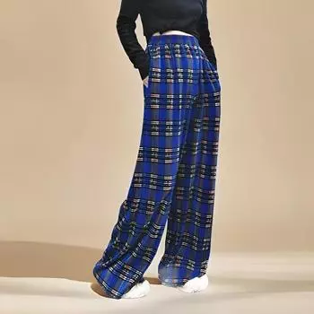 Pleated Blue Check Thin Spring and Summer European and American Mop Pants Blue Gingham One size