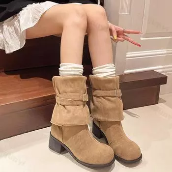 Плиссированные сапоги женские из искусственной замши флока ботфорты зимние женские модные модные с пряжкой слипоны на квадратном каблуке рыцарские ботильоны 35