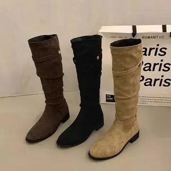 Сапоги-плиссе женские из искусственной замши, флокированные, высокие сапоги до колена, зимняя женская мода 2024 года, слипоны на квадратном низком каблуке, рыцарские сапоги Mujer 35 хаки