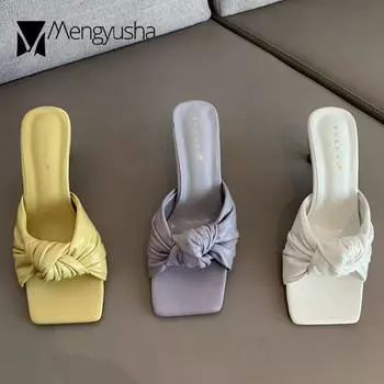 Pleated Butterfly-Knot Slippers Women High Heeled Sandals Kitten Catwalk Shoes Lady Wedges Sandale Beach Slides Femme Flip Flops 5 лавандовый