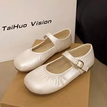 Pleated flats women s summer new with skirt round head Mary Jane single shoes small leather shoes 35