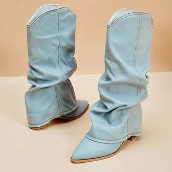 Pleated Knee High Boots for Women Pointed Toe Square Heels Cowboy Boots Woman Autumn Winter Denim Long Booties De Mujer 35 синий