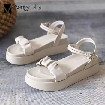 Плиссированные кожаные сандалии женские кексы регулируемые пряжки туфли на платформе студенческие пляжные сандалии для девочек утолщенные каблуки шлепанцы 5 абрикосовый