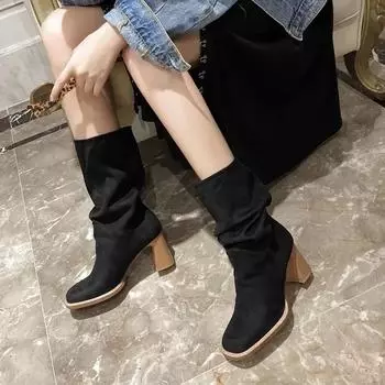 Pleated Pile Boots 2024 Autumn New Suede Cavalry Boots Retro Versatile Round Head Net Red Western Cowboy Boot Boots 35 чёрный