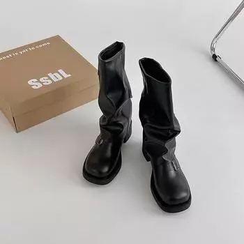 Pleated Pile Boots Martin Boots Fashion Boots Pants Tube Boots Ladies Belt Buckle Autumn Winter Vintage Round Head Sleeve 35