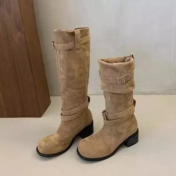 Pleated pile boots women s thick heel 2025 autumn and winter new models but knee thick-soled fashion boots wear more belt buckle boots 35