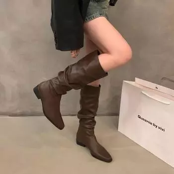 Pleated pile long tube knight boots women s shoes autumn new western thin medium tube foreign trade large size boots women 35 чёрный