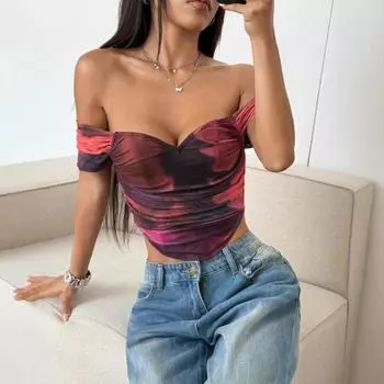 Pleated Short-sleeved T-shirt Women s Spring and Summer S темно-фиолетового