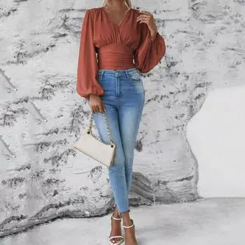 Блузка с плиссированной талией, элегантная женская офисная рубашка с рукавами-фонариками, плиссированной талией и V-образным вырезом, мягкая, удобная для повседневного ношения S бежевый