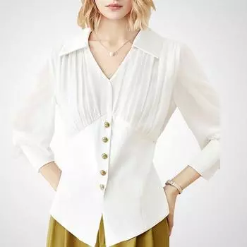 Pleated Waist Tight Fashionable White Chiffon Shirt for Summer White XL