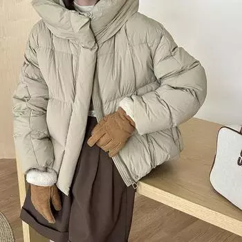 Pleated white duck down hooded down jacket women s short 2024 new fashionable soft puff thickened bread jacket S хаки