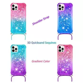 Плечевой ремень для девочек, прозрачный градиент, жидкий зыбучий песок, блестящие любовные блестки, чехол для телефона через плечо для iPhone, Samsung, Xiaomi, Huawei, силиконовый чехол-бампер iPhone 6/6s