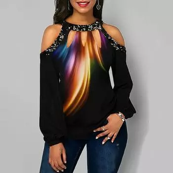 Плечо Большой размер Шея Свободная блузка с принтом O Длинный рукав Off Футболка больших размеров