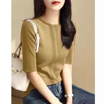 Плечо Круглый вырез Рукав до локтя Вязание Зеленый Базовый топ Mustard yellow 2XL