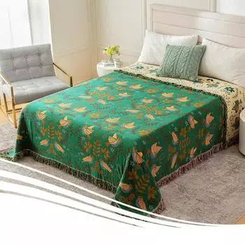 Плед в стиле бохо - 100% хлопок, мягкое деревенское одеяло - осеннее одеяло с принтом птиц и цветов, большие покрывала для кровати, всесезонное покрывало для дивана, кресла 150x200cm синий