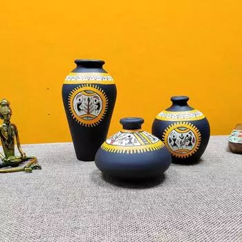 Племенная Фиеста Черная Терракотовая Прямоугольная Ваза для Цветов, Декоративная Терракотовая для Домашнего Декора Земляные Вазы для Цветов Горшки для Дома и Офиса (Набор из 3)